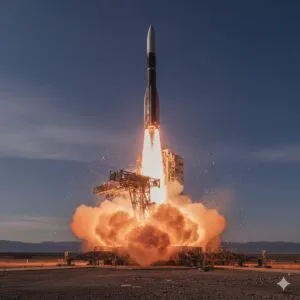 Hypersonic missile launching from desert test site with massive booster exhaust flames and smoke plume