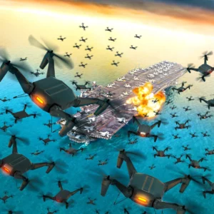 Autonomous drone swarm attacking military aircraft carrier - AI weapons technology 2026