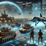 Strategic military technology in 2026 featuring AI-enabled command and control, autonomous drones, fifth-generation fighter aircraft, armored vehicles, satellite communications, and multi-domain military operations.