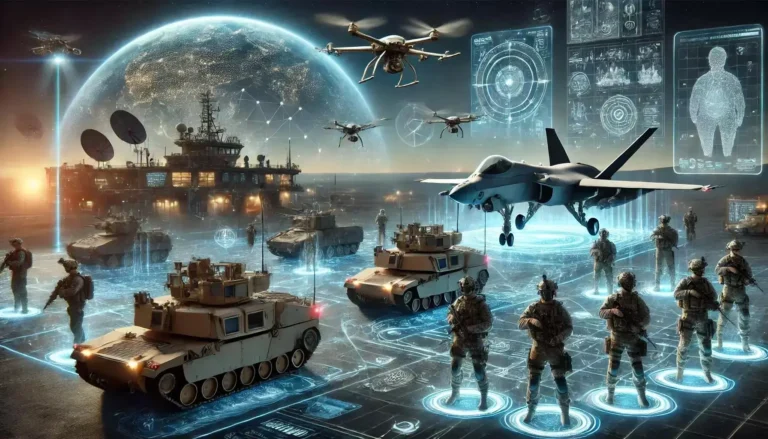Strategic military technology in 2026 featuring AI-enabled command and control, autonomous drones, fifth-generation fighter aircraft, armored vehicles, satellite communications, and multi-domain military operations.